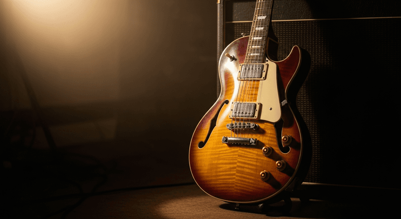 Vintage electric guitar with sunburst finish leaning against amplifier