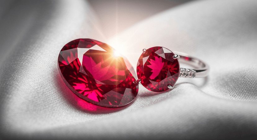 Deep red ruby gemstones including loose ruby and ruby ring on silk