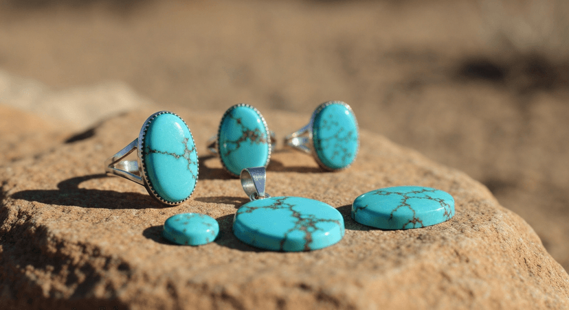 Turquoise stones and jewelry in various shades of blue-green