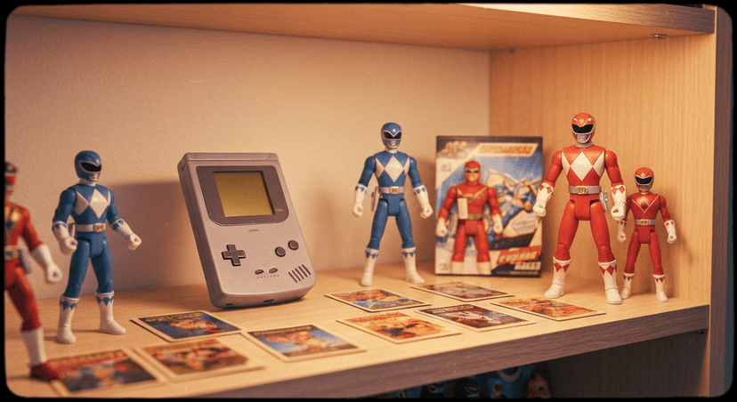 Collection of colorful 1990s toys and action figures on a shelf