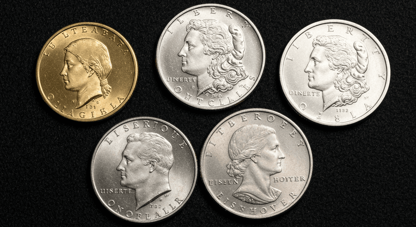 Various US dollar coins including Sacagawea, Morgan, and Eisenhower