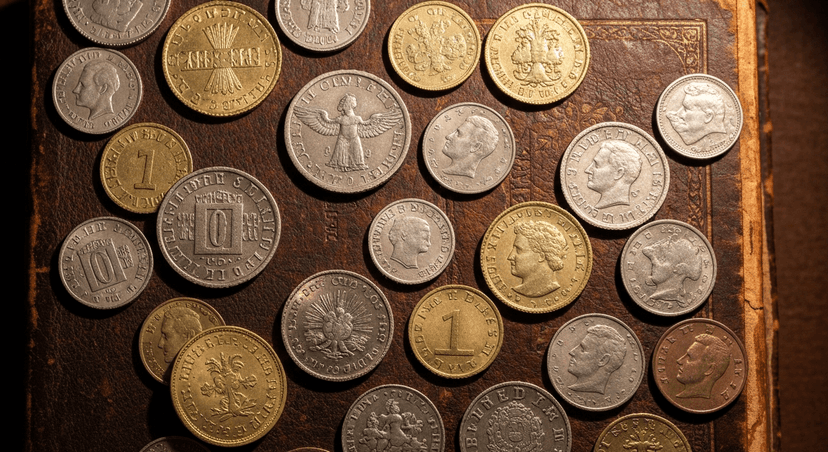 Collection of foreign and ancient coins on aged leather-bound book