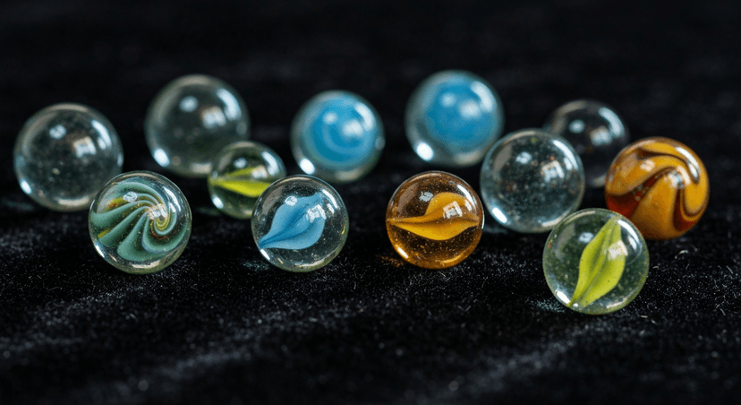 Colorful antique glass marbles with swirl patterns on dark velvet