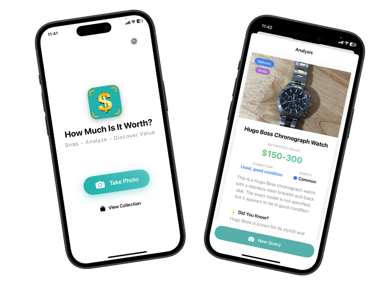 How Much is it Worth app showing AI valuation interface on iPhone screens